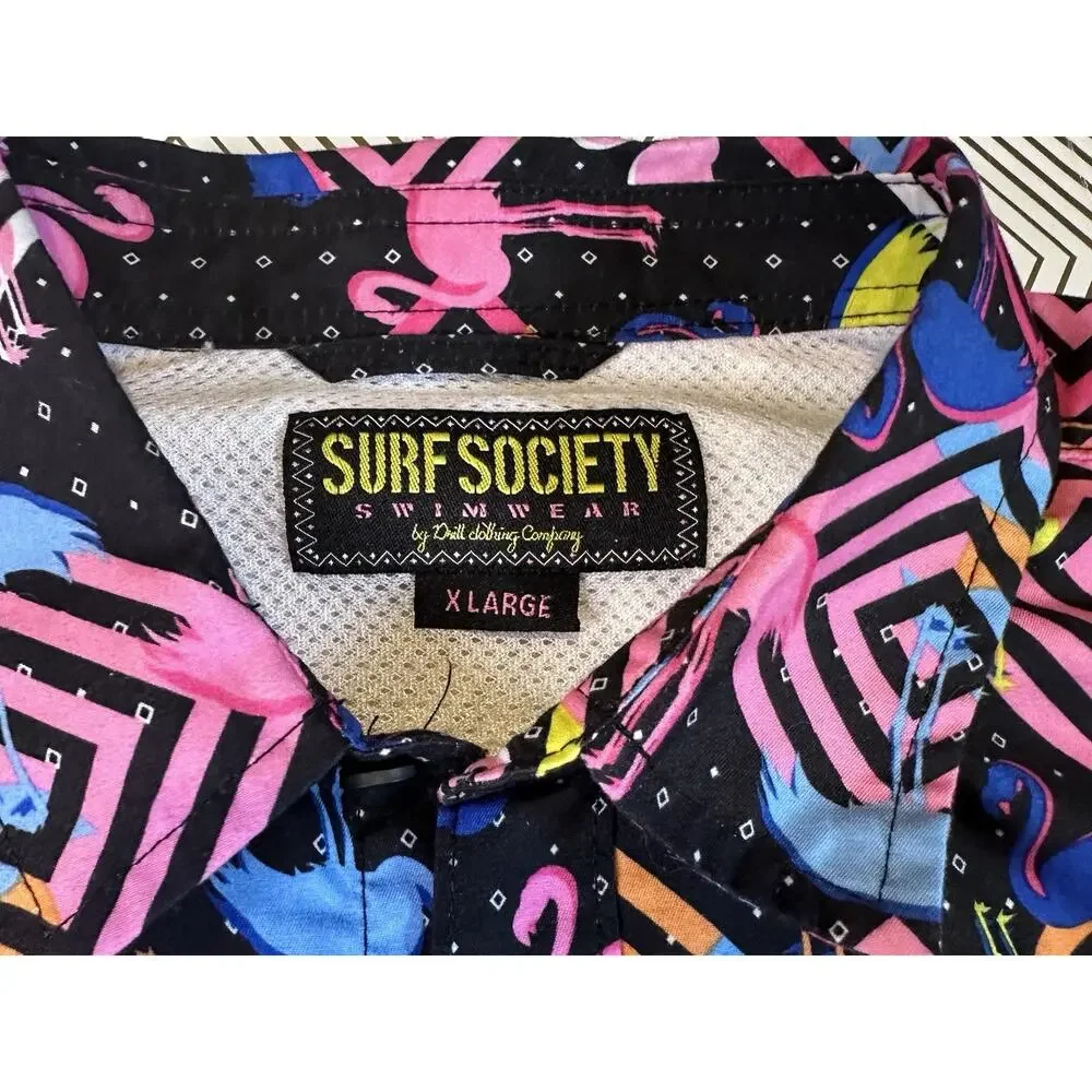 Surf Society Flamingo Shirt /Vibrant Print Against A Black Background Size XL